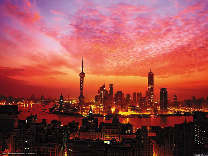 Shanghai Skyline at Sunset — Red, Dramatic, Photograph, River