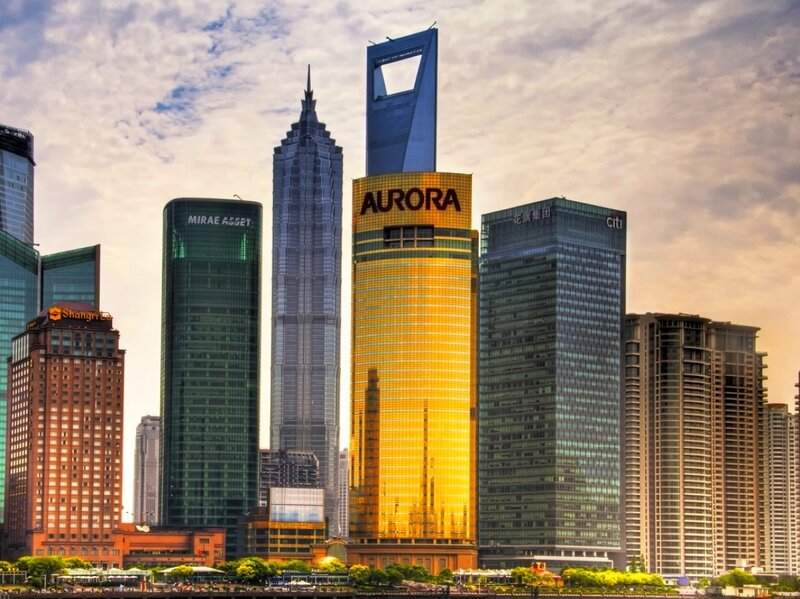 Shanghai Skyline — Gold, Dramatic, Sunset, Photograph, Skyscrapers, River