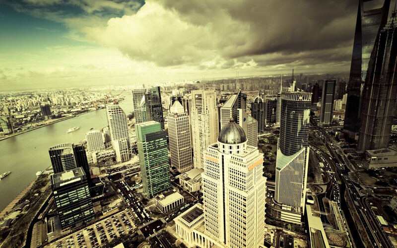 Shanghai Skyline — Gray, Dramatic, Afternoon, Photograph, Skyscrapers