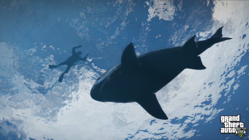Shark and Diver Underwater — Blue