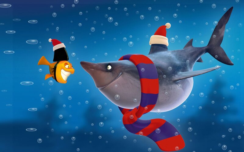 shark and fish in holiday gear