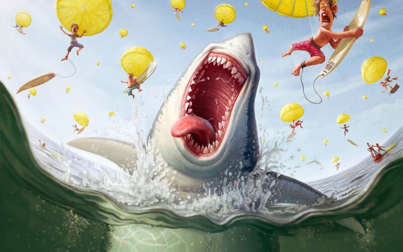 Shark Attacking Surfers — Blue, Chaotic, Afternoon, Digital Art, Surfboards