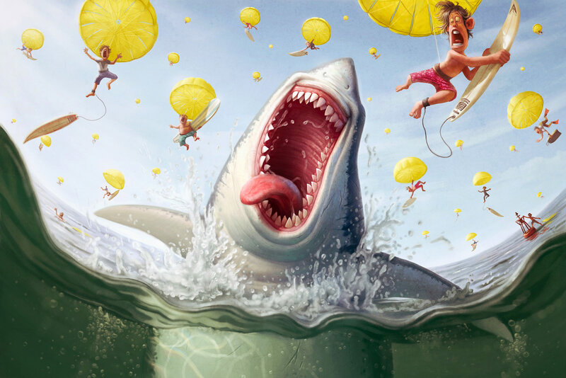 Shark Attacking Surfers — Blue, Chaotic