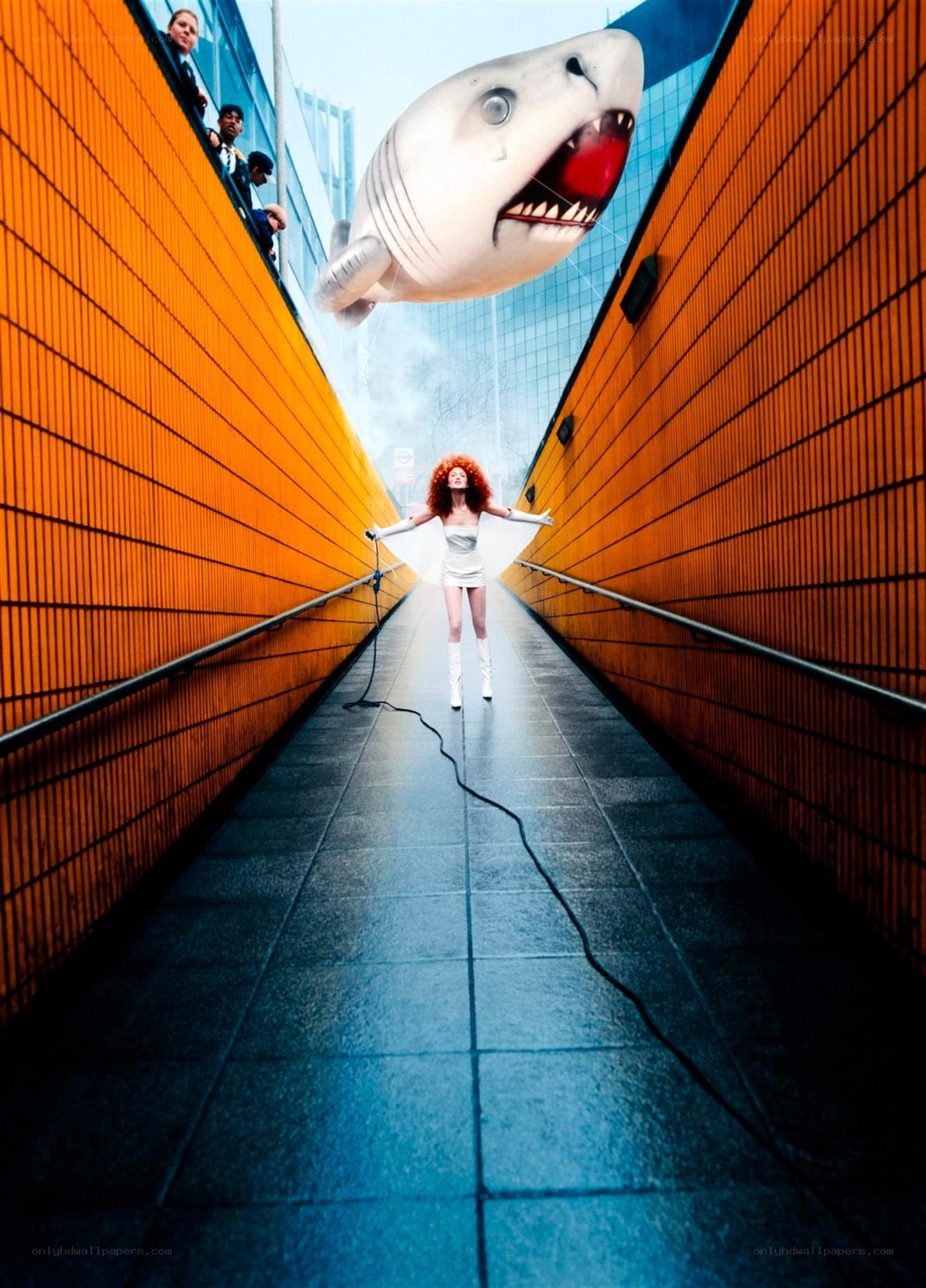 Shark balloon in urban tunnel