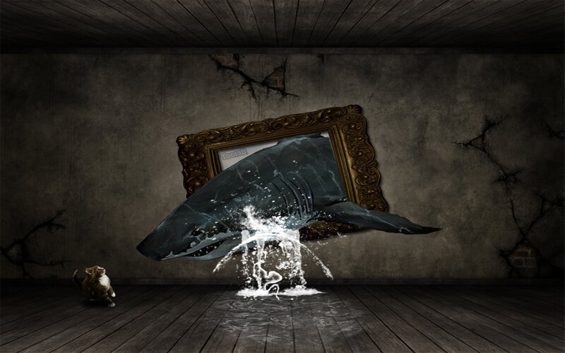 shark bursts through wall
