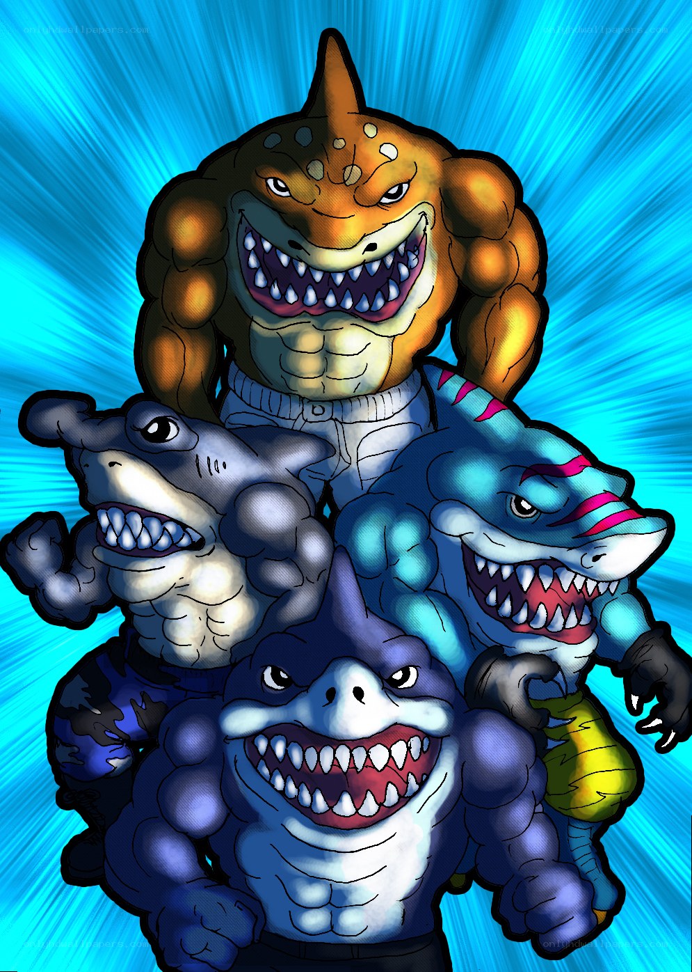 shark characters in dynamic pose