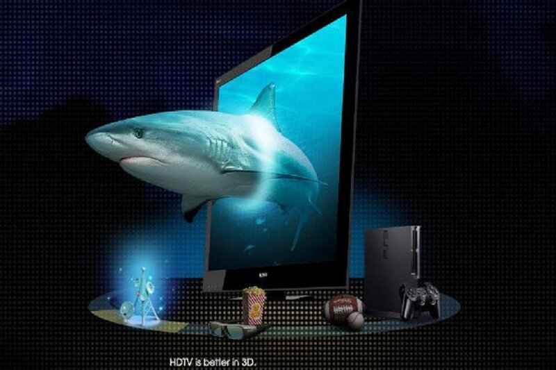 Shark emerging from HDTV screen