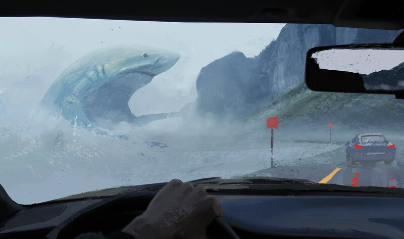 Shark Emerging from Water — Gray