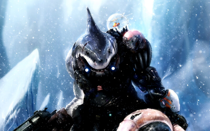 shark-headed soldier in snow