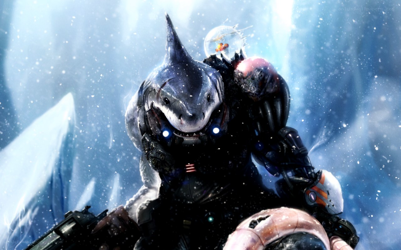 shark-headed soldier in snow