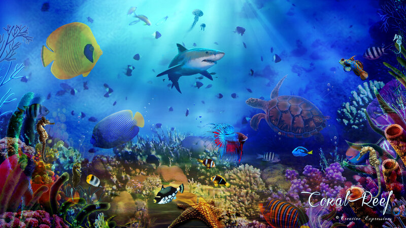 Shark in Coral Reef — Blue, Vibrant, Digital Art