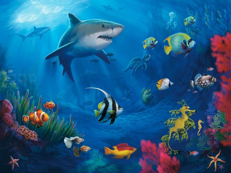 Shark in Coral Reef — Blue, Vibrant, Illustration