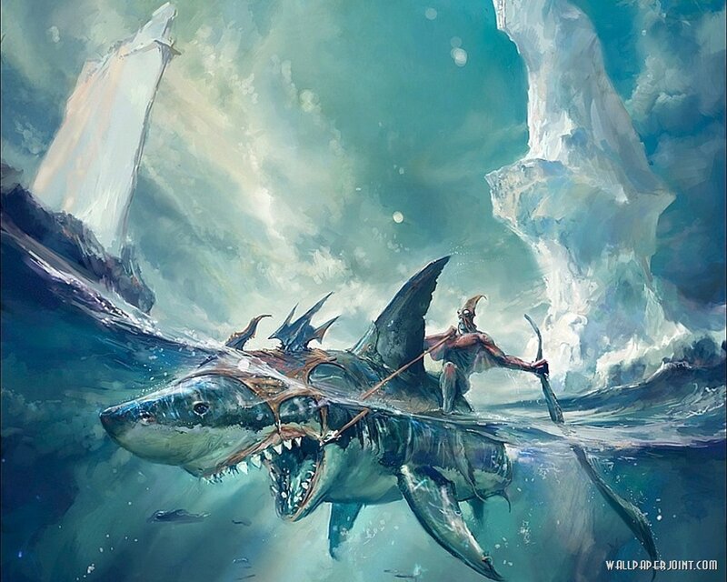 Shark rider in stormy sea