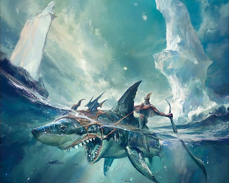 Shark rider in stormy sea