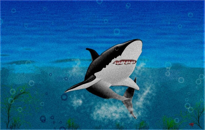 Shark Swimming Underwater — Blue, Dramatic, Digital Art