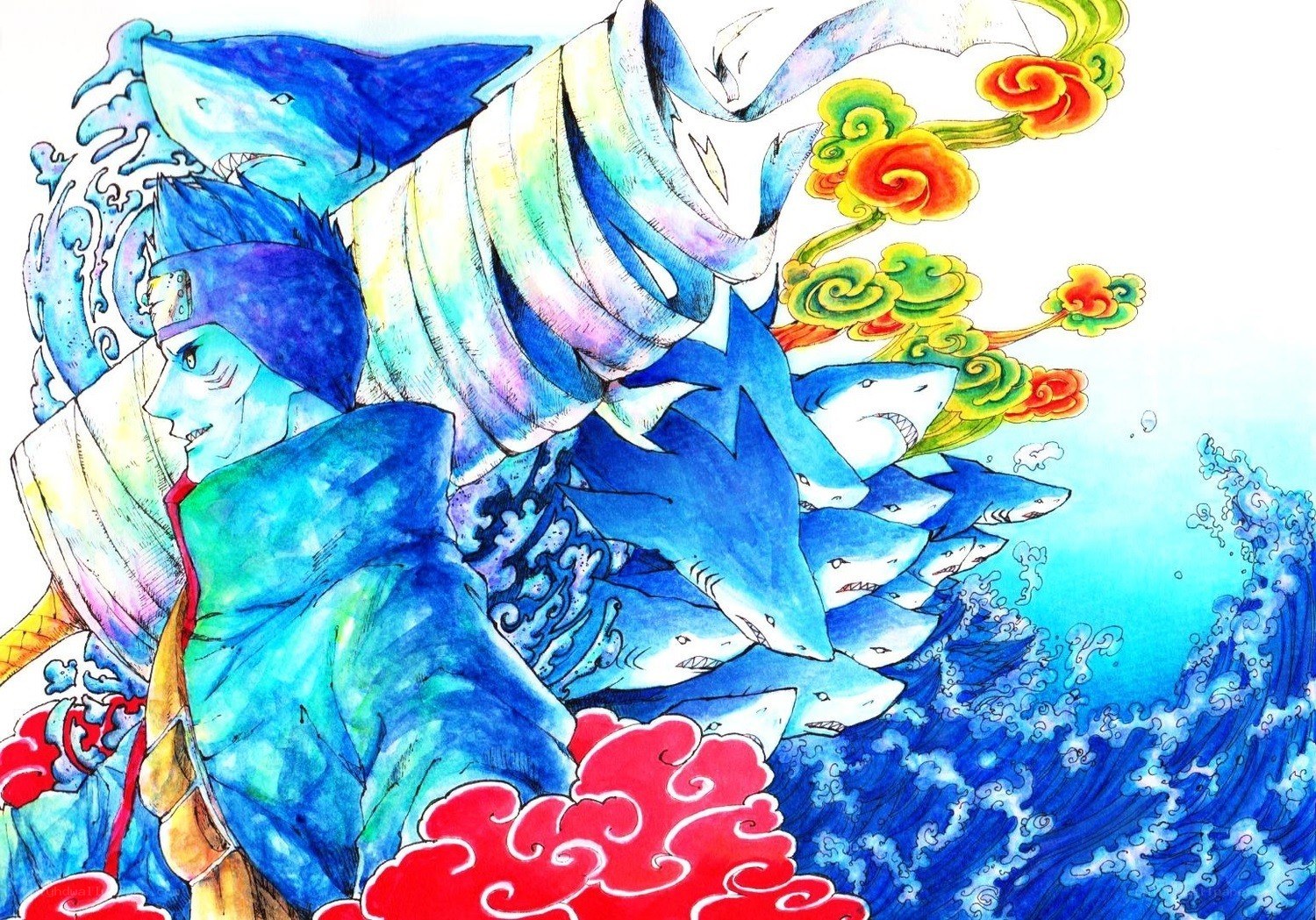 Shark-themed anime character art