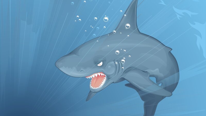Shark with Open Mouth — Blue, Dramatic, Digital Art, Bubbles, Ocean, Gray