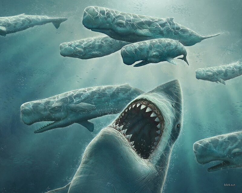 Shark with Open Mouth — Blue, Dramatic, Digital Art, Whales