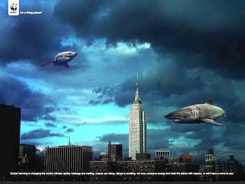 Sharks Flying over City — Blue