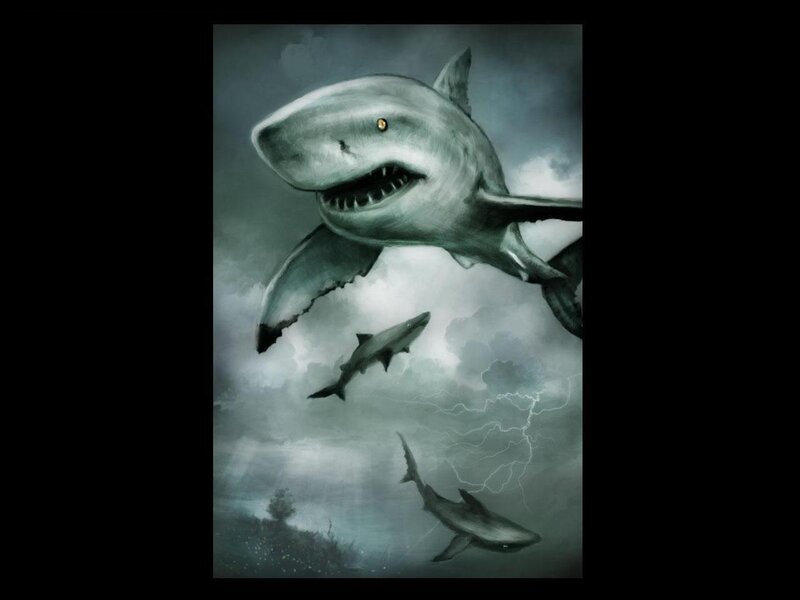 Sharks in a stormy sky