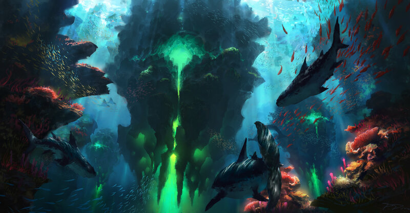 Sharks in Coral Reef — Green