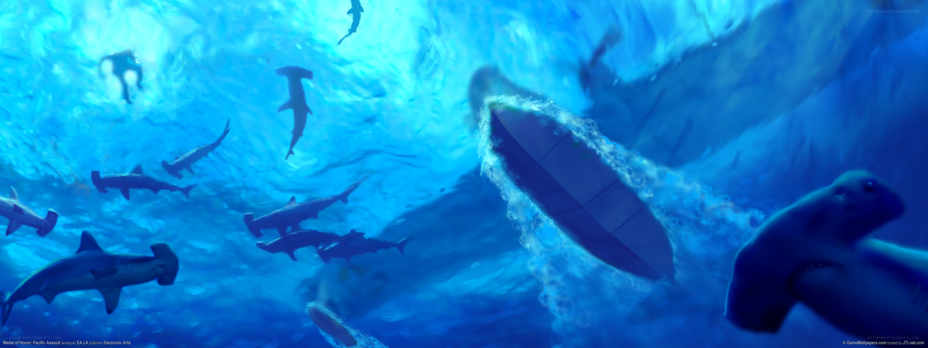 Sharks in underwater scene