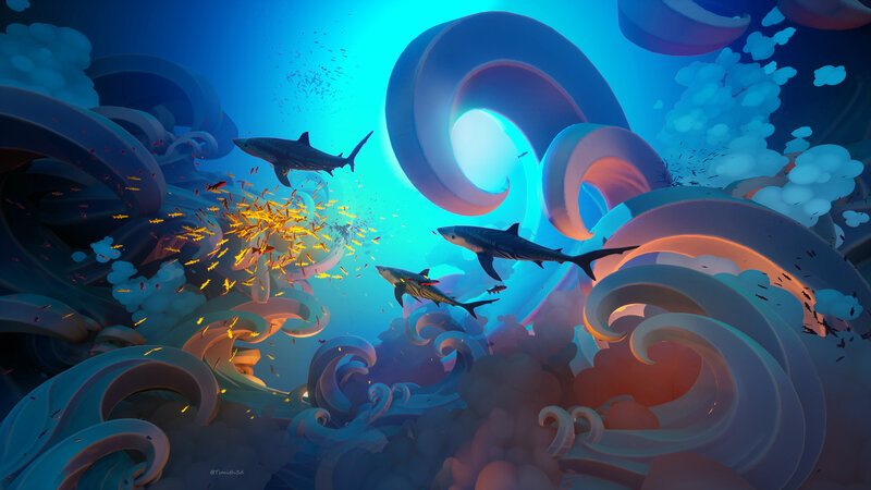 Sharks in Underwater Swirls
