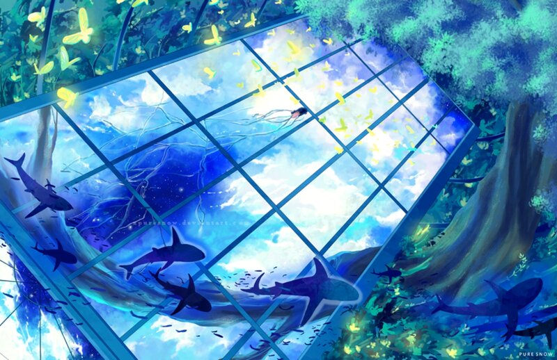 Sharks Swimming in Glass Dome