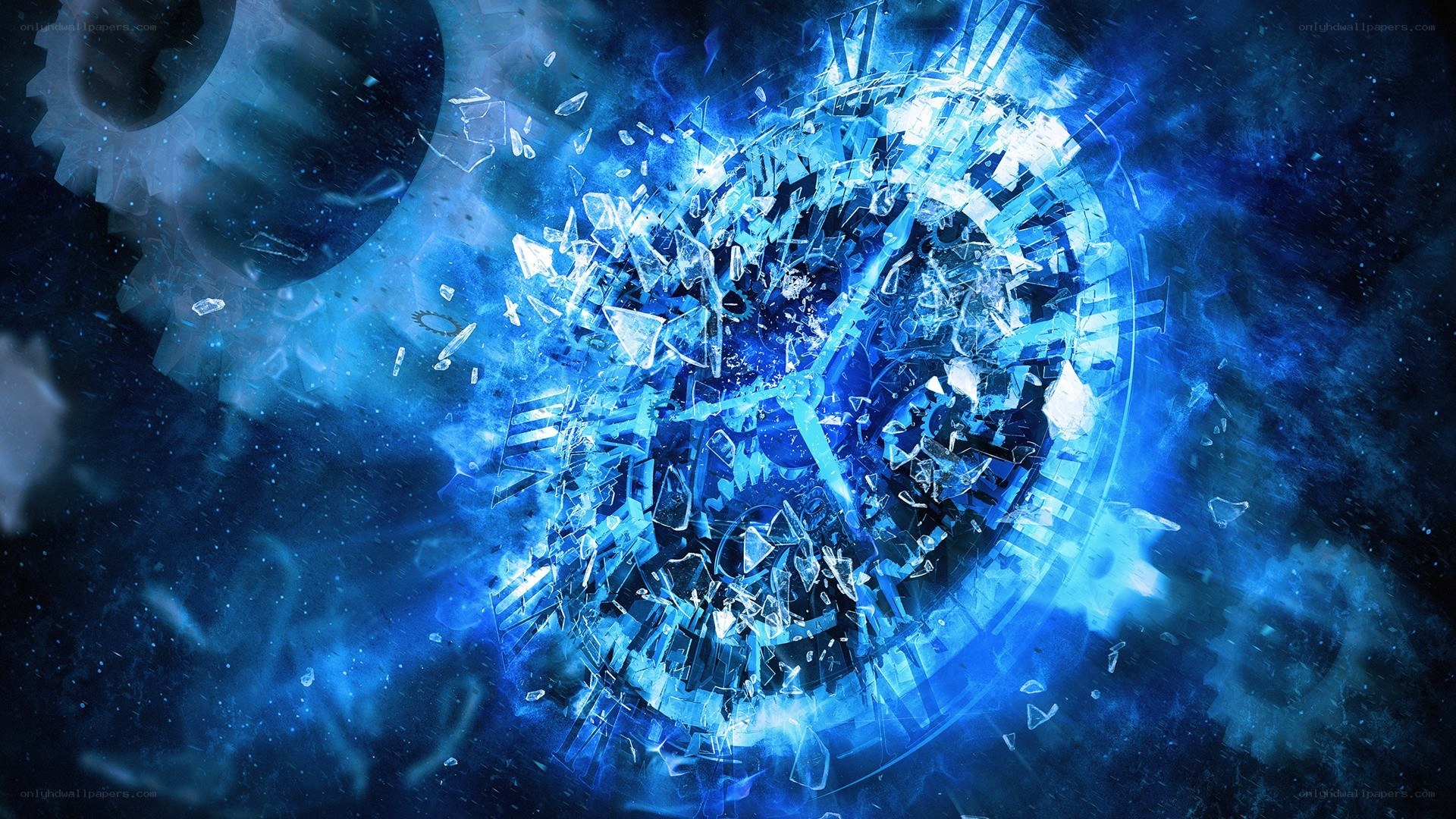 shattered clock in blue explosion