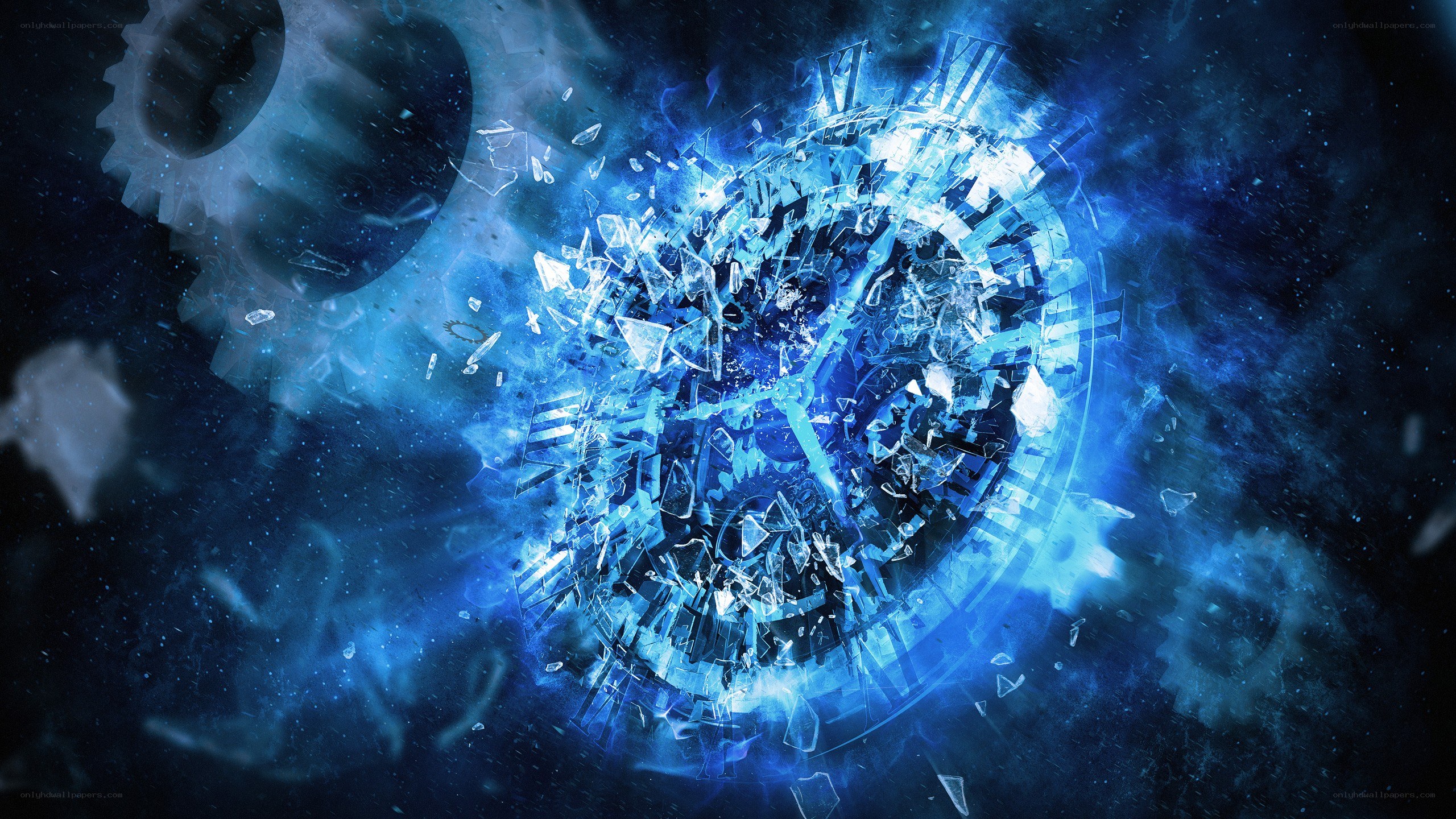 Shattered clock in blue explosion