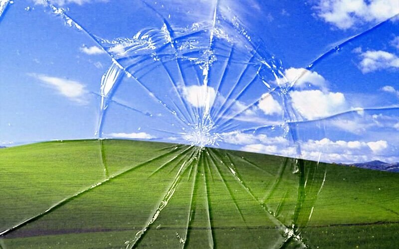 Shattered Glass over Landscape — Blue