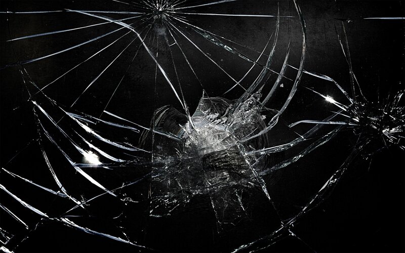Shattered Glass Surface — Black, Dramatic, Photograph, Cracks, Light Reflections, White