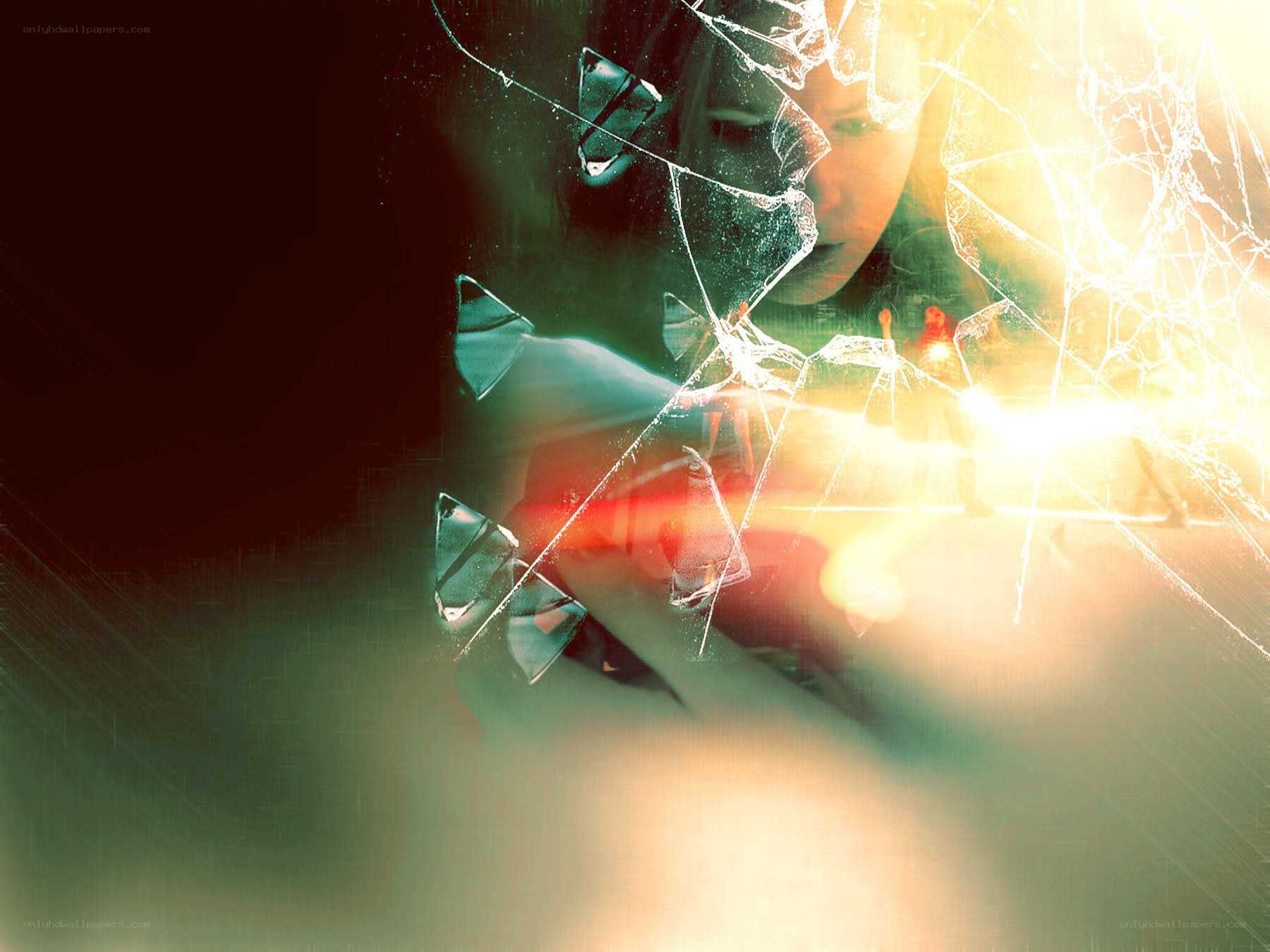 shattered glass with glowing light