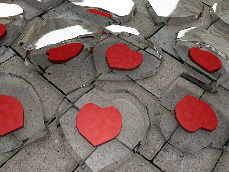 shattered glass with red hearts
