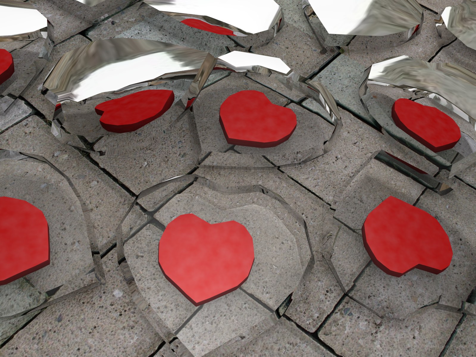 shattered glass with red hearts