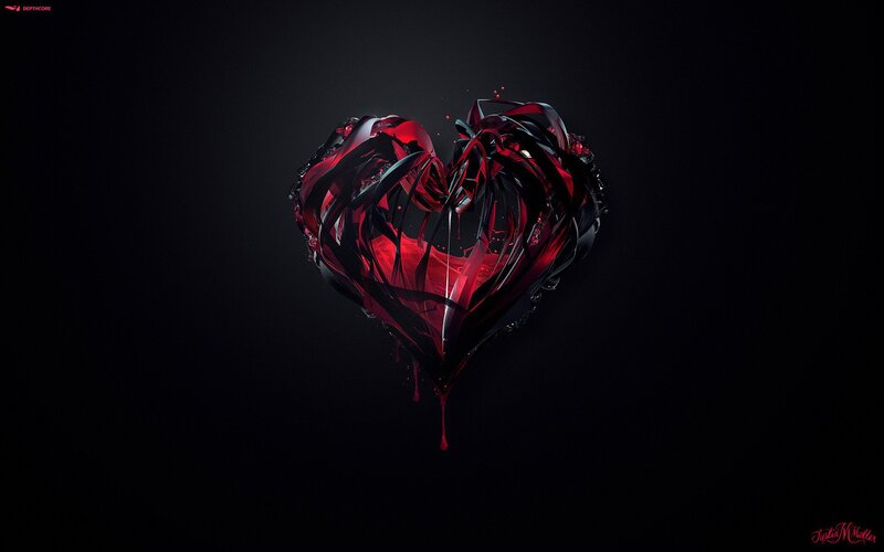 Shattered Red Heart — Dramatic, Digital Art, Dark Background, Dripping Liquid, Black