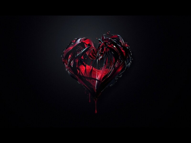 Shattered Red Heart — Dramatic, Digital Art, Dark Background, Dripping Liquid