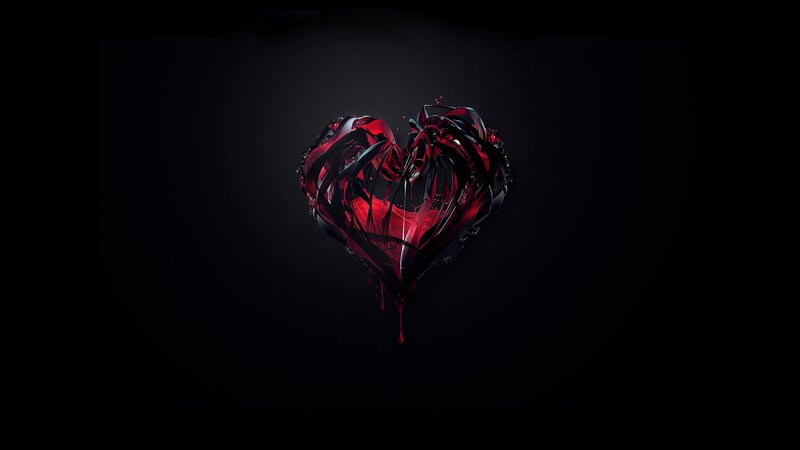 Shattered Red Heart — Dramatic, Digital Art, Dark Background, Dripping