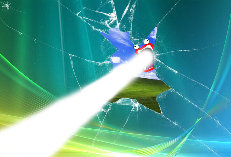 Shattered screen with cartoon creature