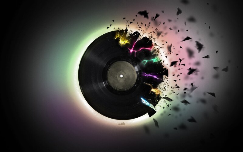 Shattered Vinyl Record — Black, Dramatic, Digital Art, Lightning, Debris, Glow