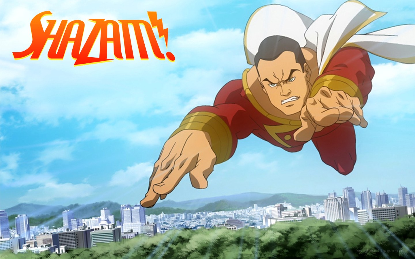 Shazam! flying over city