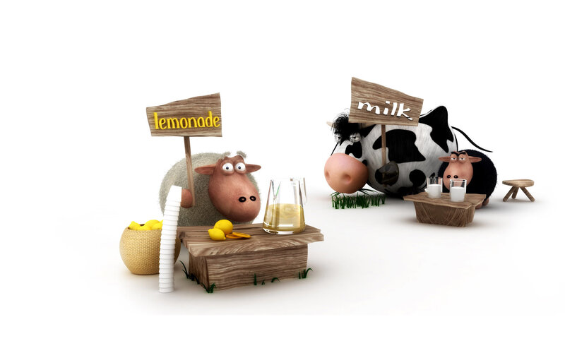 Sheep and Cow Selling Drinks — White