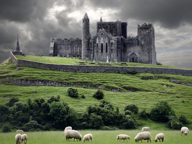 Sheep graze near ancient ruins