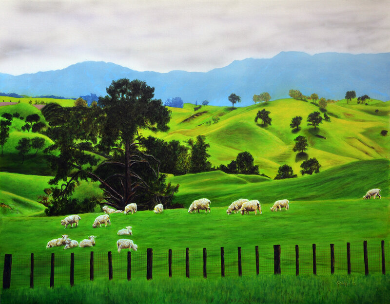 Sheep Grazing in Field — Green, Serene, Afternoon, Painting