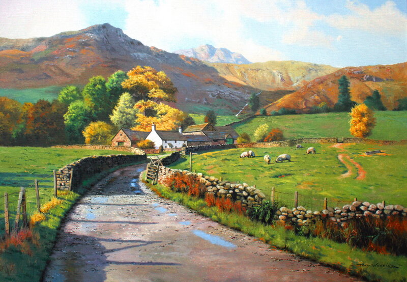 Sheep Grazing in Field — Green, Serene, Autumn, Painting