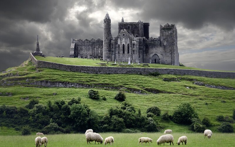 Sheep Grazing Near Castle — Green, Dramatic, Afternoon