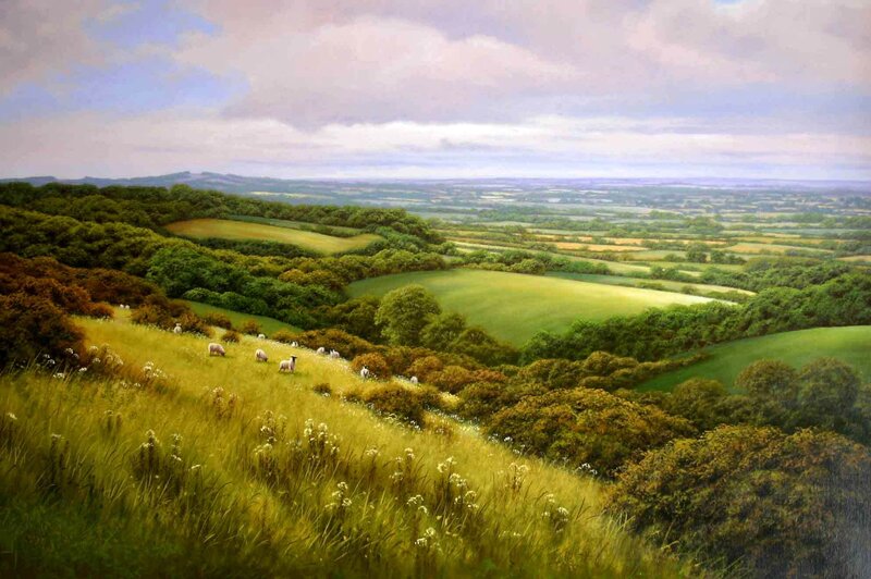 Sheep Grazing on Hillside — Green