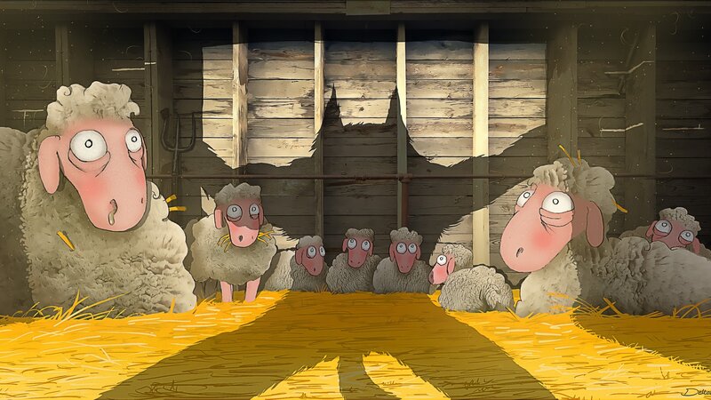 Sheep in a Barn — Yellow, Dramatic