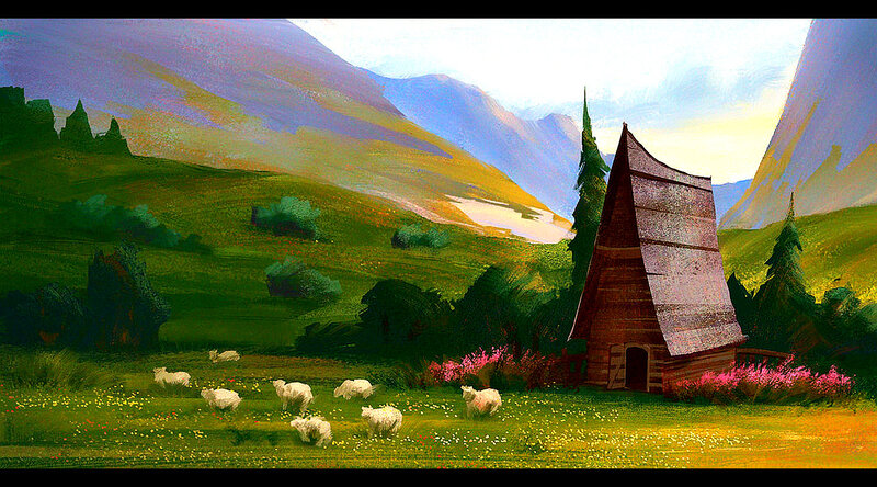 Sheep in a Field — Green, Serene, Afternoon, Painting, Cabin