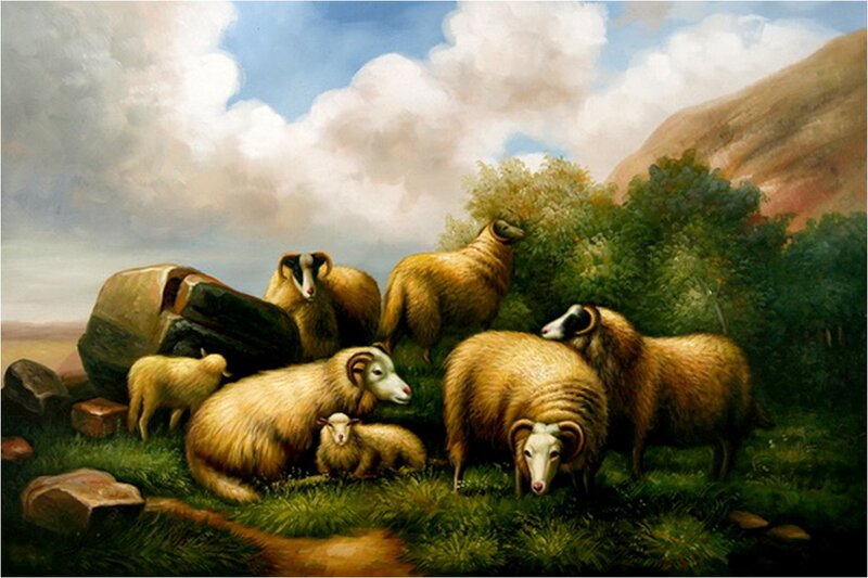 Sheep in a Field — Green, Serene, Afternoon, Painting, Grass